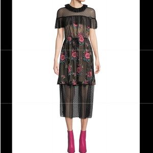 Vita Tulle Midi Dress w/Floral-Embroidered Overlay